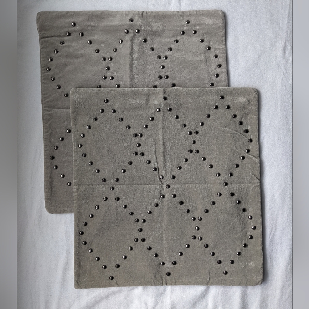 West Elm Diamond Silver Studs Grey Velveteen Pillow Covers - 2